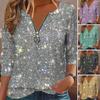 Damen-Shirt mit Rundhalsausschnitt, Reißverschluss, halbe Knopfleiste, Langarm-Pullover, glitzernde Pailletten, reguläre Passform