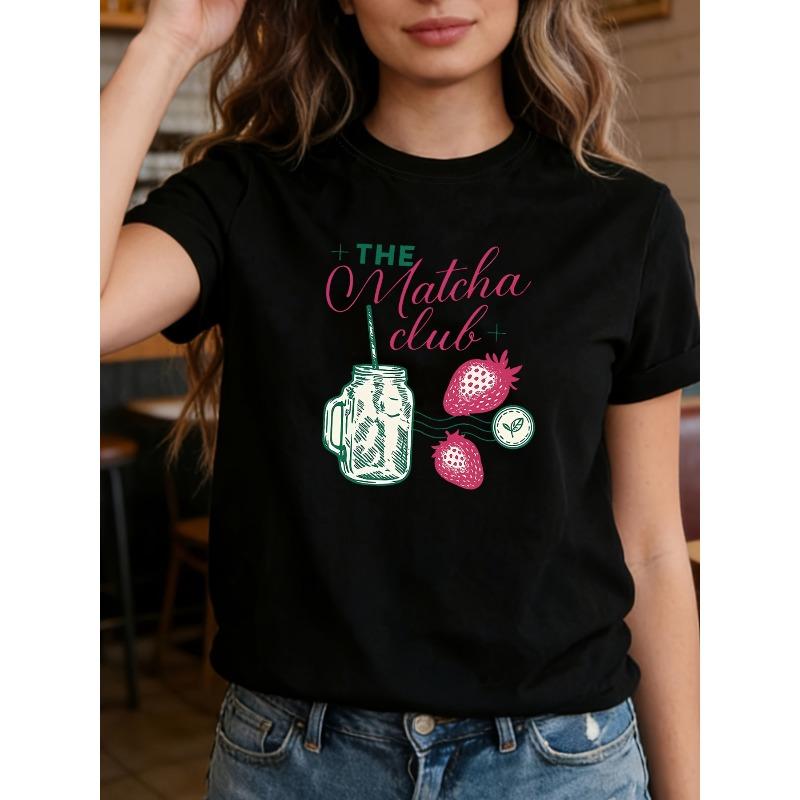 Plus Size, THE Matcha Club Women s Plus Size T-Shirt - Matcha Tea Print Short Sleeve Crew Neck Blouse-Compatible Top | Casual Spring 2XL