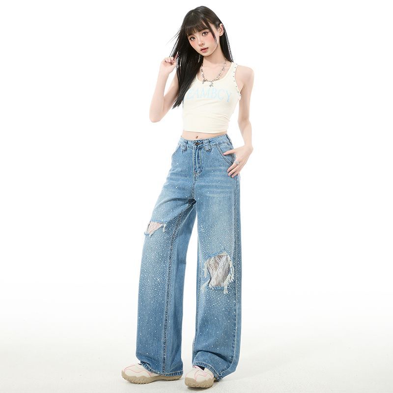 Spring Summer Full Star Rhinestone High Waist Lace Ripped Ins Y2K Trend Floor Drape Denim Pants Ladies Casual Pants Oversize Denim Trousers