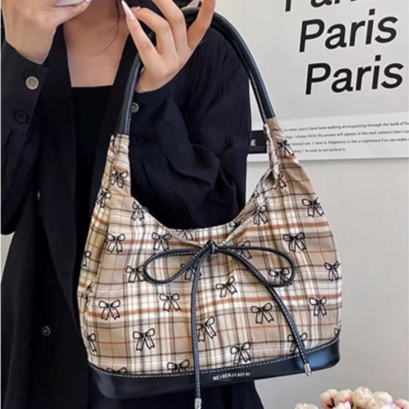JIAERDI Vintage Brown Bow Tote Bag Women Plaid Large Capacity Shoulder Bag Ladies Versatile Casual Simple Commuter Underarm Bags