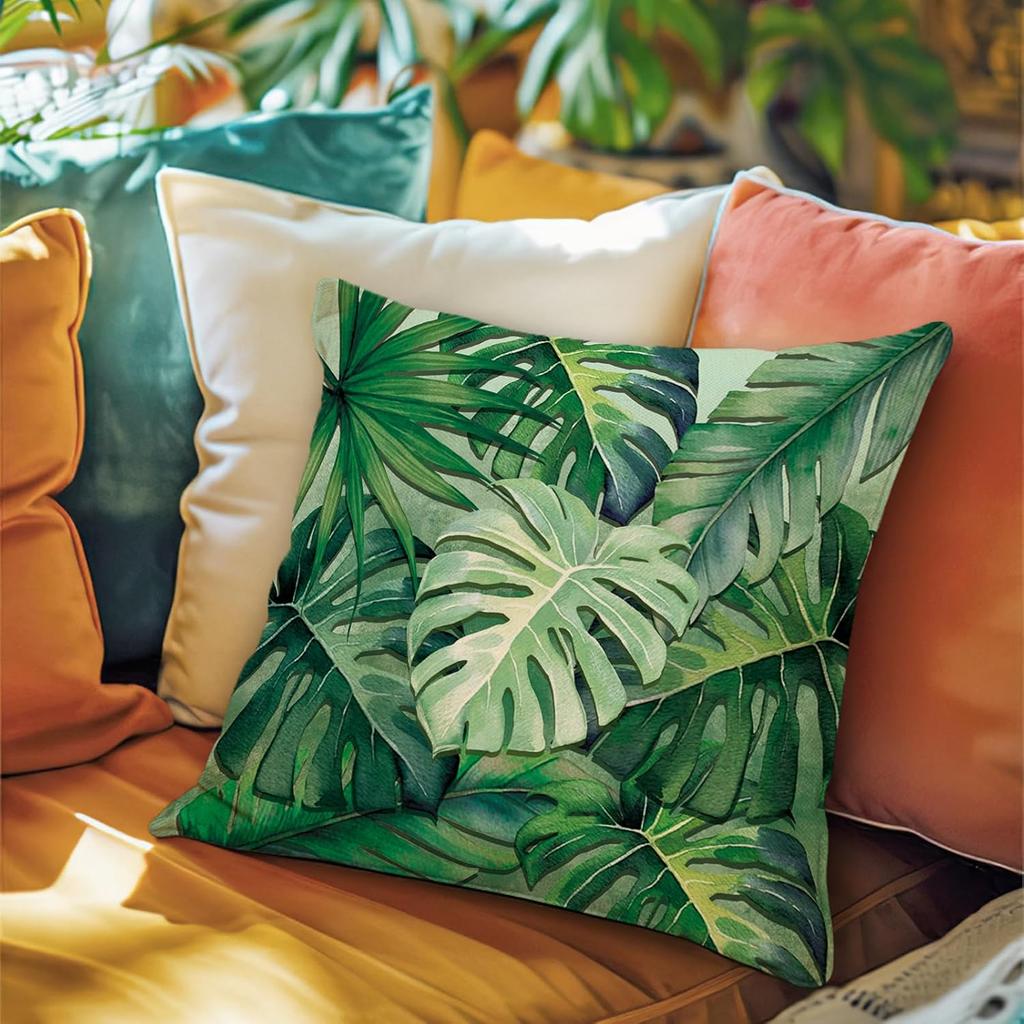 Fahrendom Monstera Palm Leaves Decorative Throw Pillow Covers 18 x 18 Set of 4, Positive Vibes Only Tropical Plant Sunshine Porch Patio Outdoor