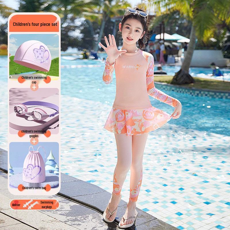 HuiLi 2025 Girls' Long-Sleeve Two-Piece Swimsuit Set for Middle School Students