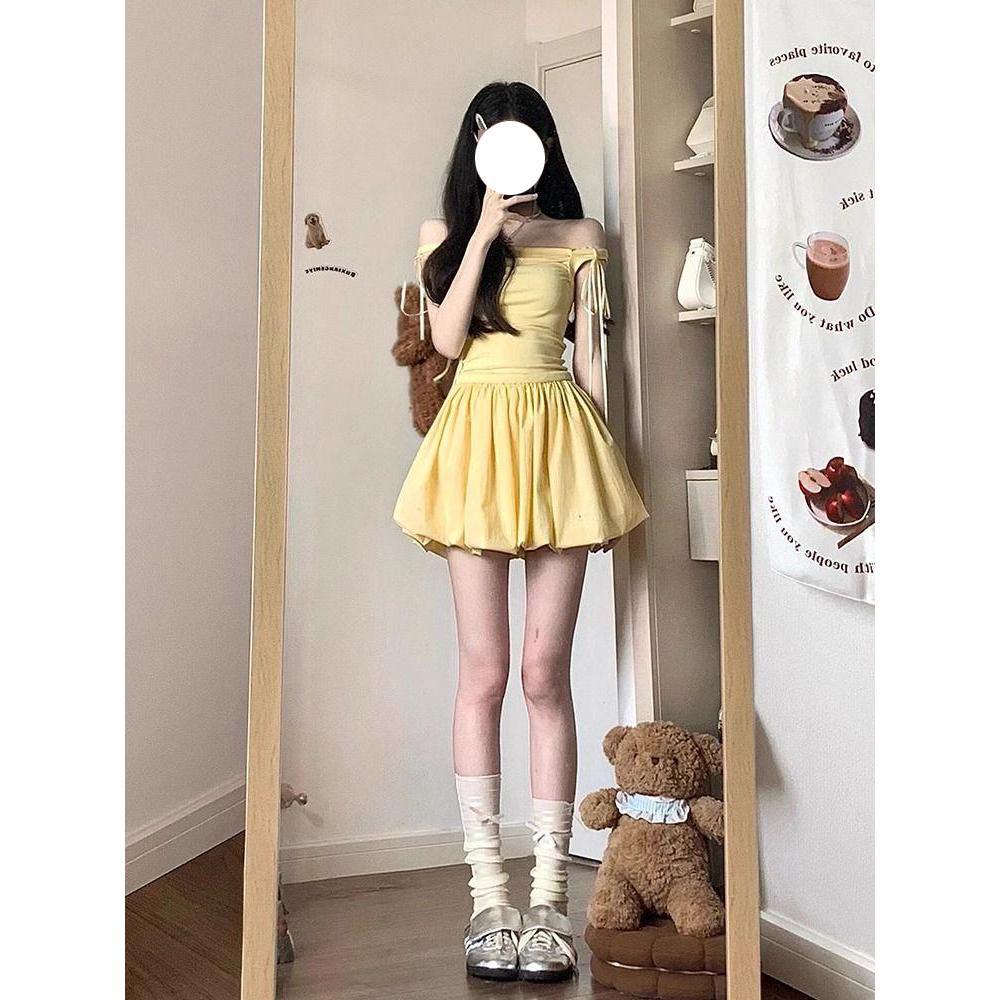 Gonna a bocciolo unica da donna per l'estate vita a pinces uomo piccolo sottile fiocco vestito dolce