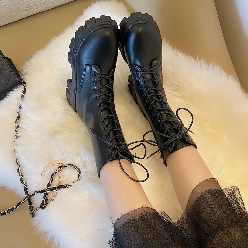 Fashion Women's Half High Boots Autumn Ladies Mid Calf Shoes Trend 2025 Platform on Promotion New In Hot Comfortable and Elegant Boot Pu