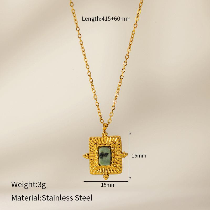 Titanium Steel African Turquoise Natural Stone Pendant Necklace Women's Retro French Simple Collarbone Chain Stainless Steel Gold-plated Necklace