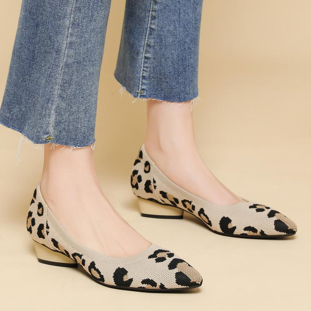 Pointed Toe Shallow Mouth Fabric Flat Bottom Women's Leopard Knitted Soft Bottom Large Shoes Size 34-43