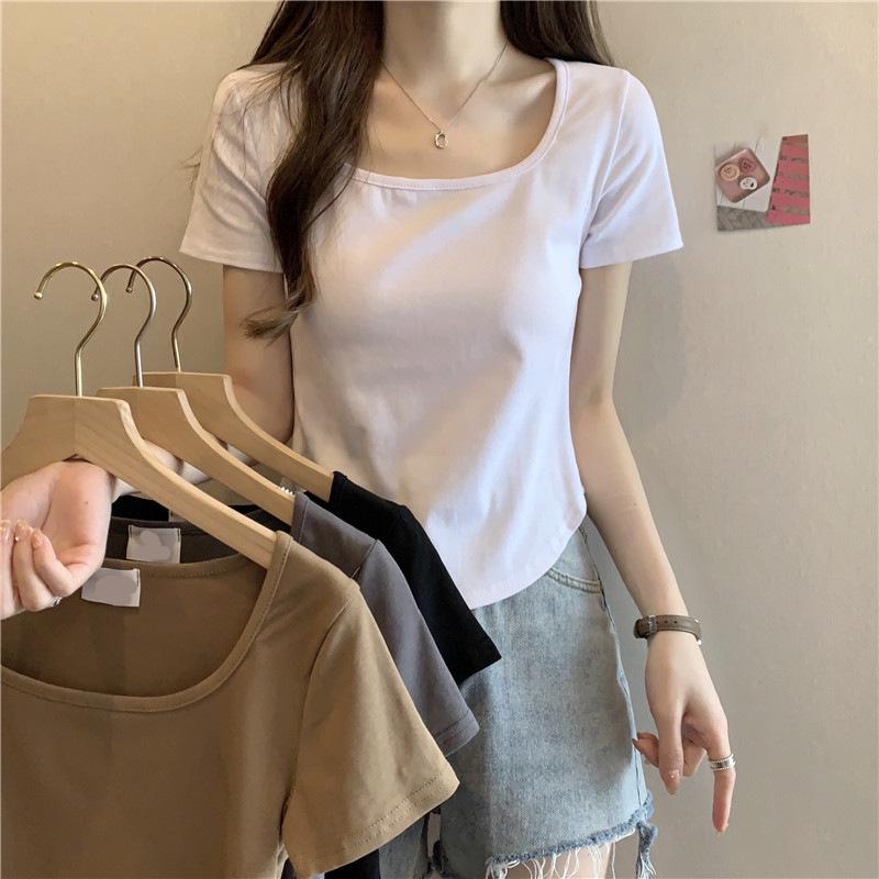 

Women s Slimming Round Edge Short-Sleeve Korean Style Summer T-Shirt L чёрный