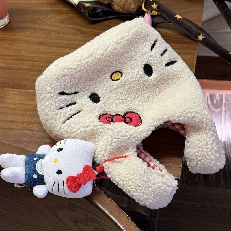 Winter Soft Embroidered Lamb Fur Small Handbag Cute Kitty Handbag Sundries Storage Bag Commuter Bag