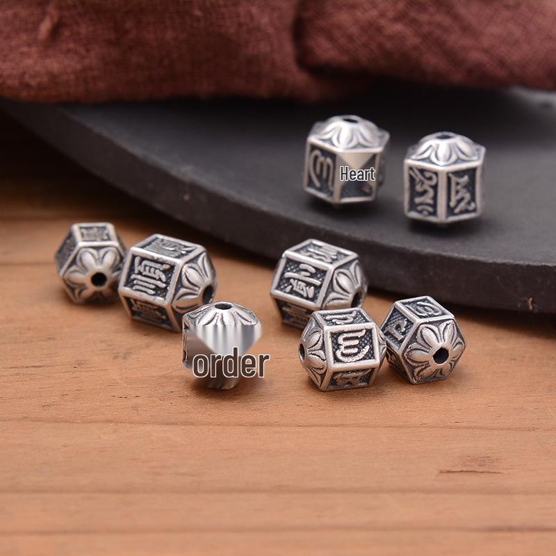 S999 Sterling Silver Hexagonal Spacer Beads with Six-Character Mantra for DIY Bracelet Weaving and Wenwan Accessories.