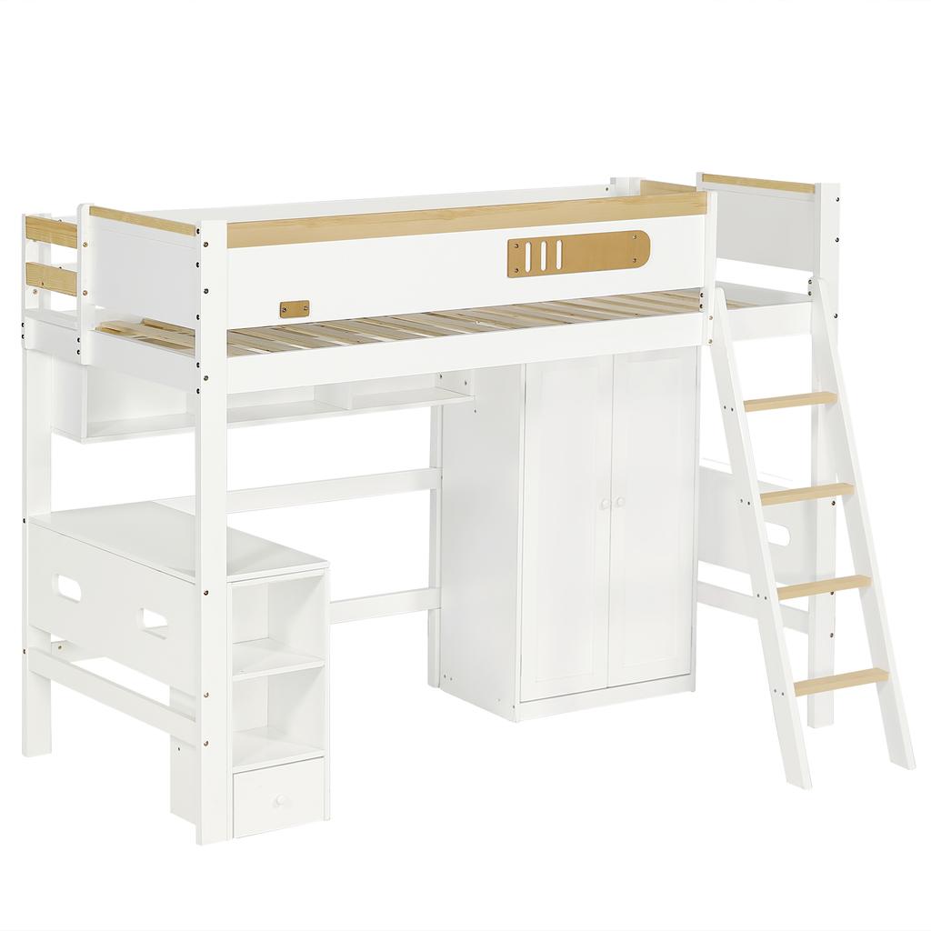 Bunk Bed, with Fall Protection Rail, with Table and Wardrobe, Ample Storage Space, with Four-Step Ladder, Pine+MDF+Plywood, White+Natural, 90x200cm