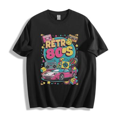 Retro 80er T-Shirt - Lebhaftes Auto- und Kassetten-Design Unisex-Tee