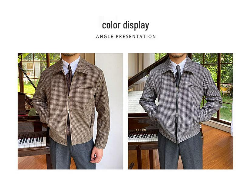 Men's Retro Houndstooth Zipper Jacket - Autumn/Winter Casual Waist-Cinching Lapel Design