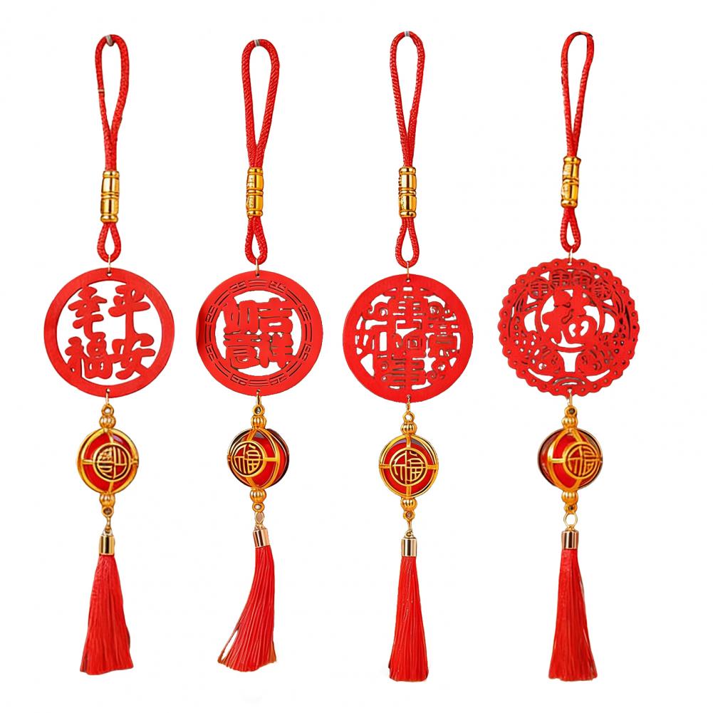 New Year Pendant Wooden Hollow Pendant Chinese New Year Wooden Plaque Ornaments with Tassels Lucky Fu Pendant for Home