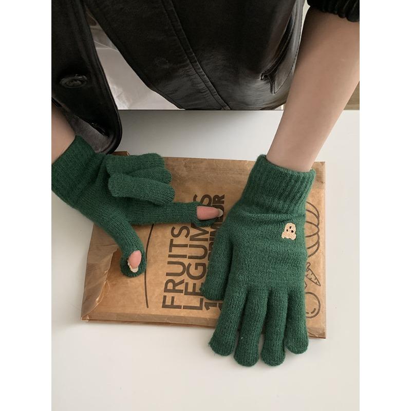 Korean Cute Bear Embroidered Wool Gloves for Women Autumn and Winter Knitted Touch Screen Student Warm Cycling Gloves Windproof