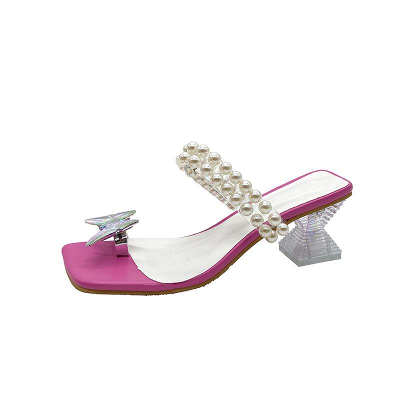 

2024 Летние туфли на среднем каблуке, модные женские тапочки с жемчугом, новые цветочные шлепанцы, платье, сандалии, женские бохо, повседневные женские шлепанцы 35