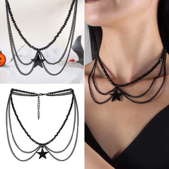 Gotisk Halskjede Kvinner Halloween Halskjede Svart Måne Anheng med Flerlags Metallkjeder Perler Flaggermus Choker Halskjede for Cosplay Kostymefest