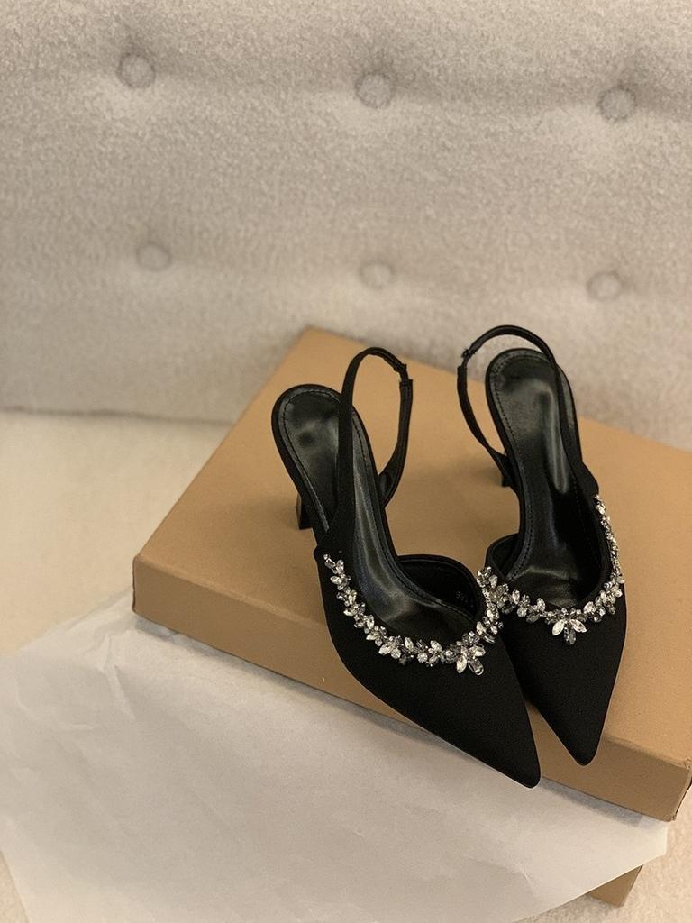 Niche Pointed High Heels Black Rhinestone Bag Head Sandals Fairy Shoes Temperament Single Shoes