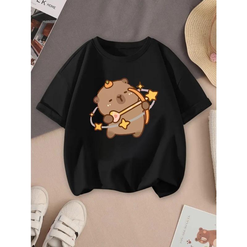 European Sizes Children's Summer Short-Sleeve T-Shirt, Cartoon Print Top for Boys and Girls, Featuring a Cute Design, Suitable for Outings and Daily