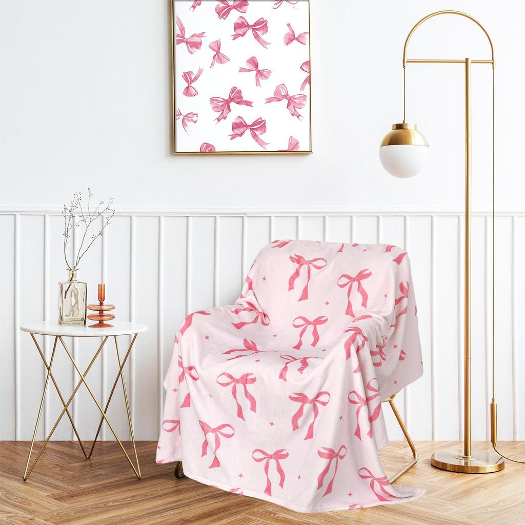 Pink Bow Fuzzy Blanket Cute Bowknot Throw Blanket Bowtie Cozy Flannel Blanket for Valentine's Day Home Bed Sofa Couch Chair