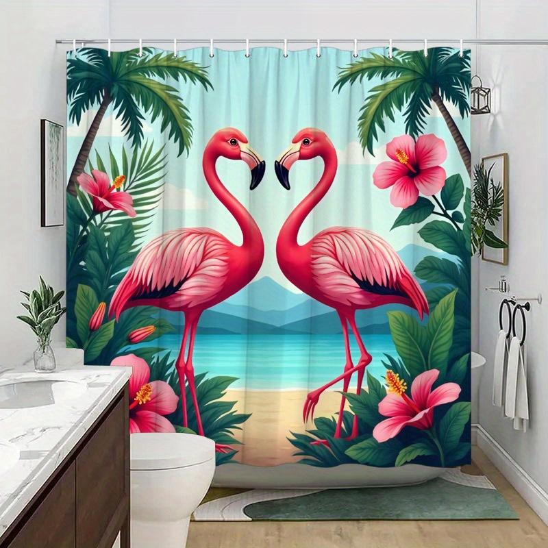 1pc Tropical Flamingo Shower Curtain - Hibiscus Flowers, 70.8x70.8", Polyester, 12 Hooks, Washable & Dry Clean Safe