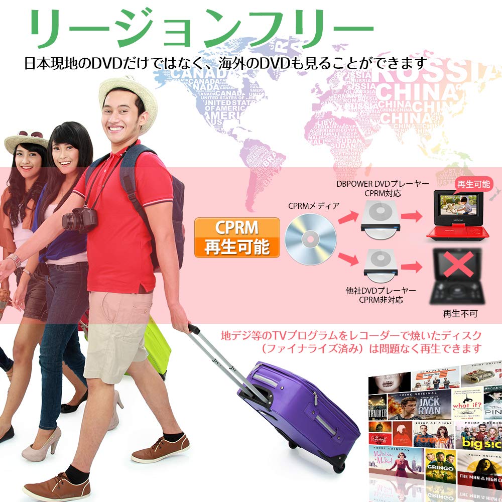 DBPOWER Portable DVD 5 Hours of Continuous Region CPRM TV Card USB Triple Power International Voltage Remote Control Red Player, 7.5-inch, Playback,