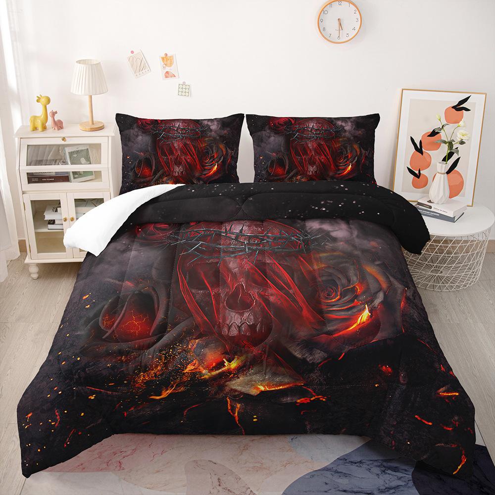 3D-Blumen-Schädelkopf-Bettwäsche-Set, Gothic-Horror-Daunen-Bettbezug, Kissenbezug, 2/3-teilig, Halloween, volle Größe, Heimtextilien, Herren-Bettbezug
