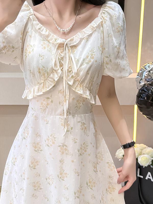 Women's Summer Floral Chiffon Dress with Sweet Ruffle Collar