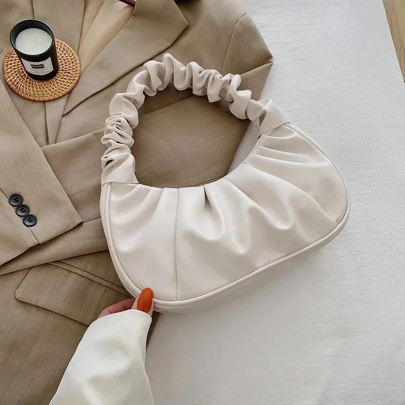 Korean Women Cloud Pleated Shoulder Bag Ladies Solid Color Leisure PU Leather Underarm Fashion Female Small Vintage Handbag