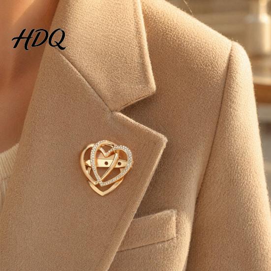 Scarf Fastening Pin Double Layered Love Heart Brooch Rhinestone Lapel for Men Heart-shaped Brooch Women Decorative Badge Clothes Bag Hat Suits