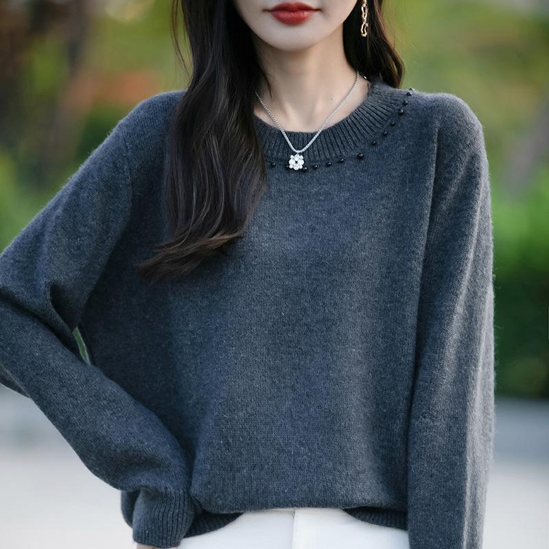 Dámský svetr s kulatým výstřihem z hrubé pleteniny, volný jednobarevný pulovr s dlouhým rukávem, základní vrstva na podzim a zimu