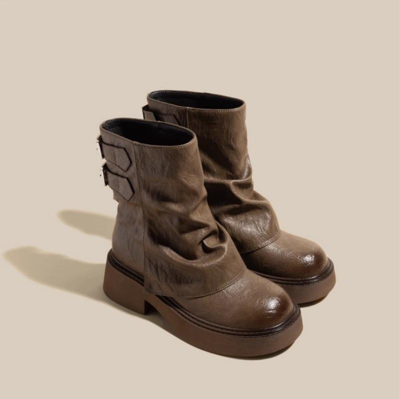 

Кожаные мартинсы на внутренней платформе женские ретро короткие ботинки весенне-осенние одинарные ботинки новые на толстой подошве брючные западные мартинсы 40 коричневый