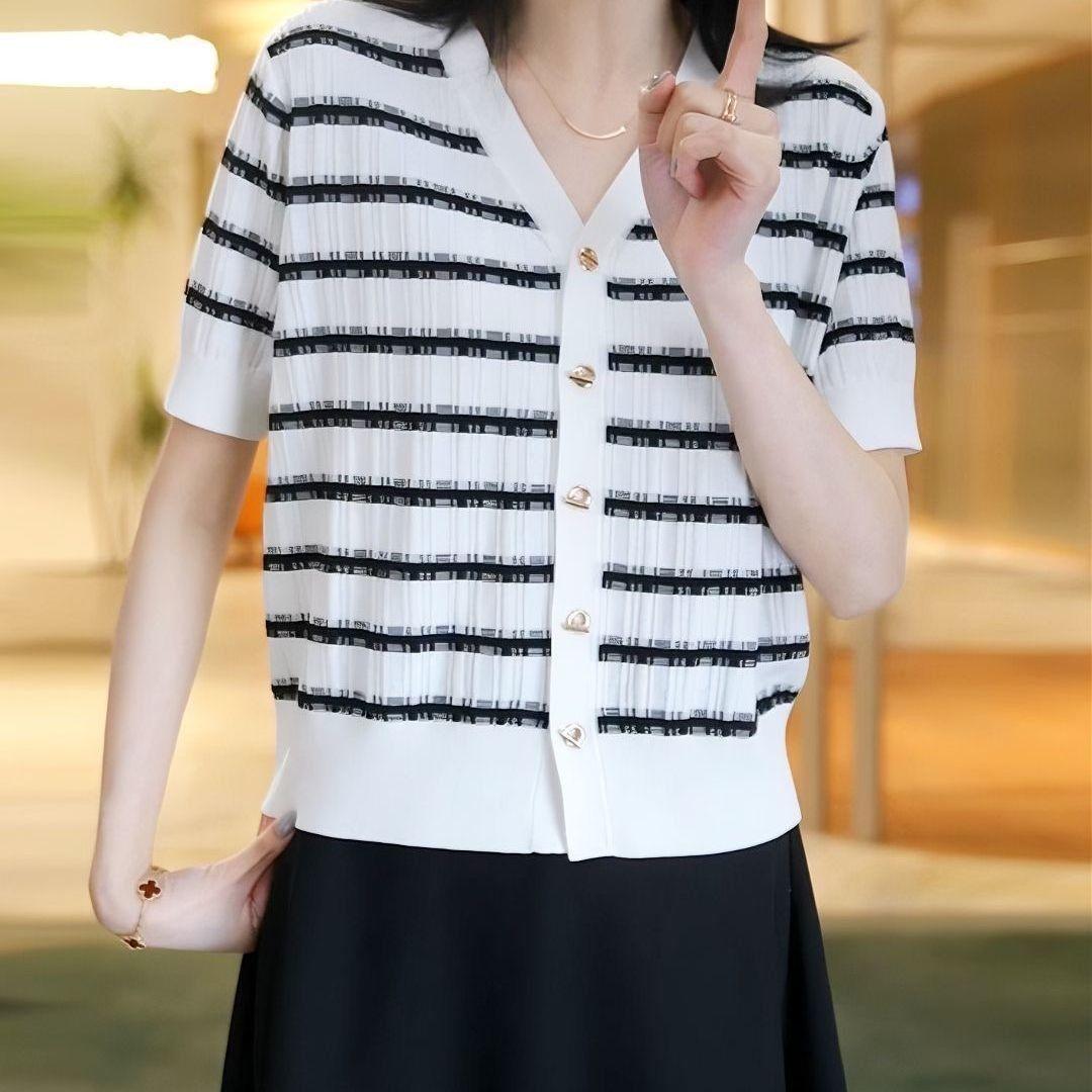 

Женский вязаный кардиган с V-образным вырезом и полосками контрастного цвета для лета. Новая футболка с V-образным вырезом, стильный топ с короткими рукавами. 2XL белый