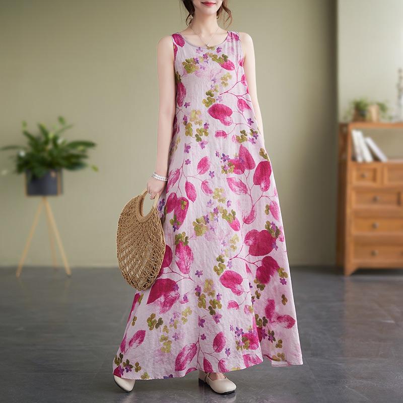 Real summer new simple bohemian crew neck print sleeveless dress women's medium and long