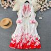 Palace Style Round Neck Print Lantern Sleeve Loose Dress