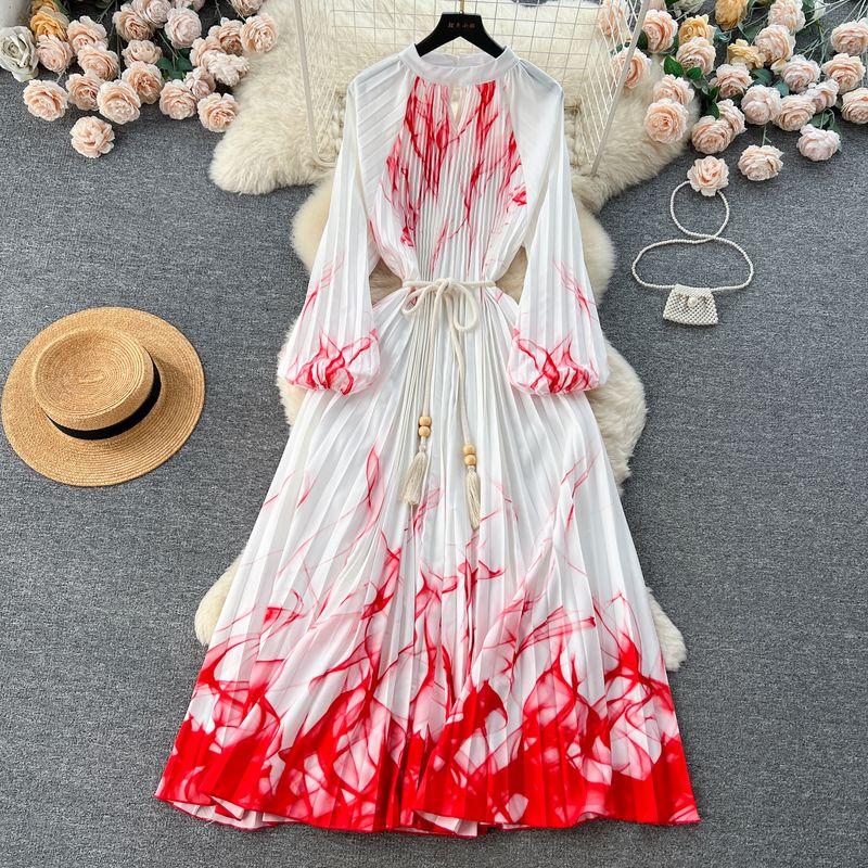 Palace Style Round Neck Print Lantern Sleeve Loose Dress