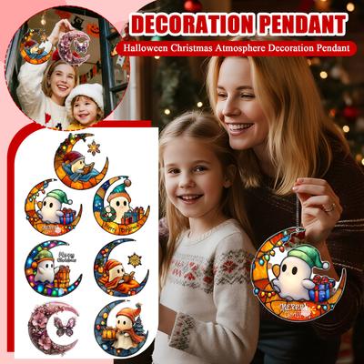 The Little Reading Under The Colorful Moon 2D Flat Acrylic Halloween Christmas Atmosphere Decoration Pendant