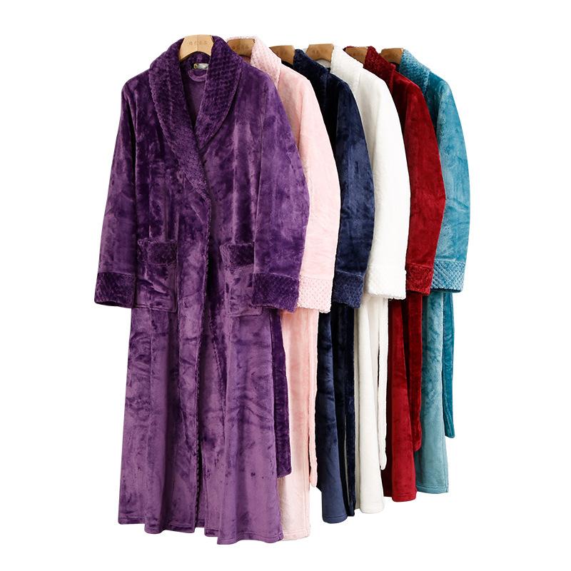 Plus Size Men's Autumn Winter Thicken Warm Flannel Robe Couple's Long Lace Up Bathrobe with Pockets
