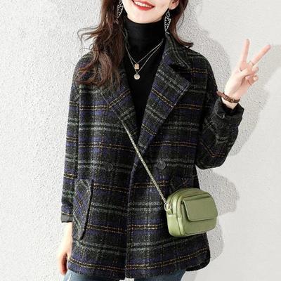 Herbst Winter Frauen Mantel Umlegekragen Dicke Warleem Langarm Retro Strickjacke Lose Mittlere Länge Plaid Print Dame Elegante Jacke