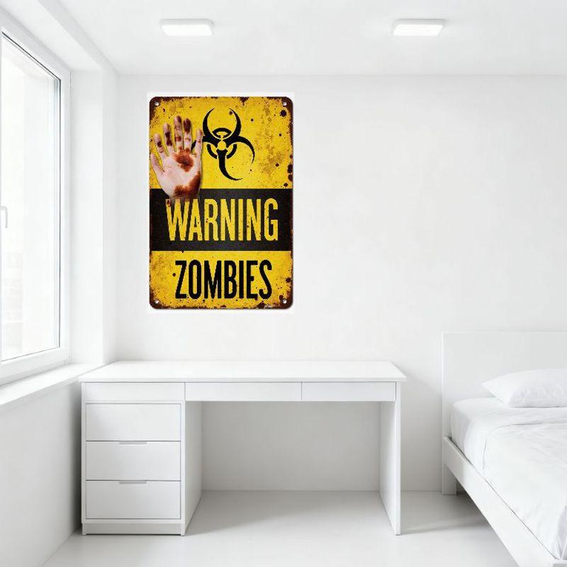 Vintage Rusty Zombie Warning Metal Tin Sign Yellow Black Biohazard Hand Horror Humor Home Bar Man Cave Decor