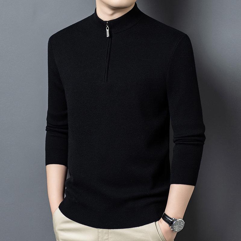 Men's 100% Pure Wool Half-Zip Thickened Sweater, High-End Solid Color Knitwear for Autumn/Winter