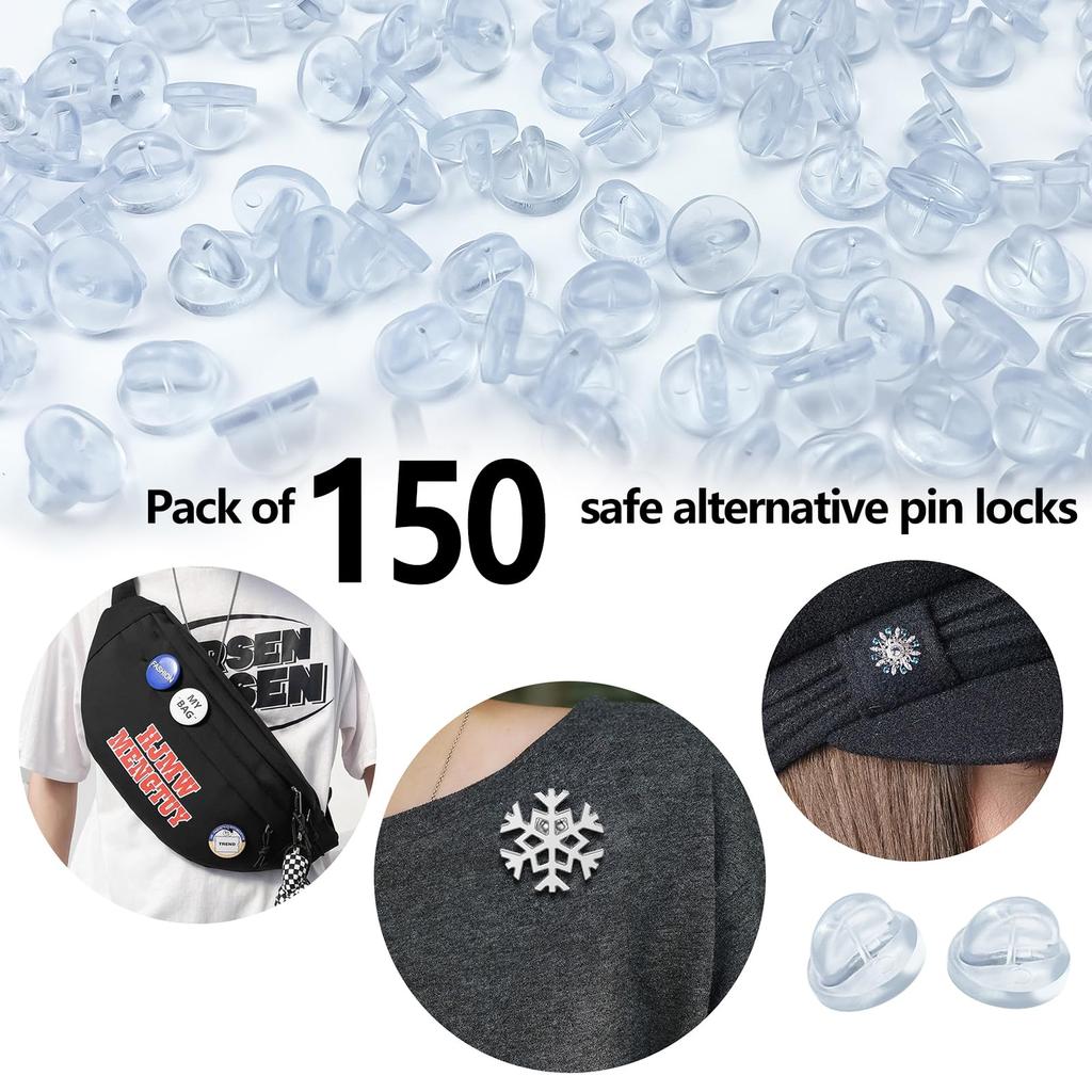 150Pcs Rubber Pin Backs Locking With Storage Case Keepers for Brooch Tie Hat Badge