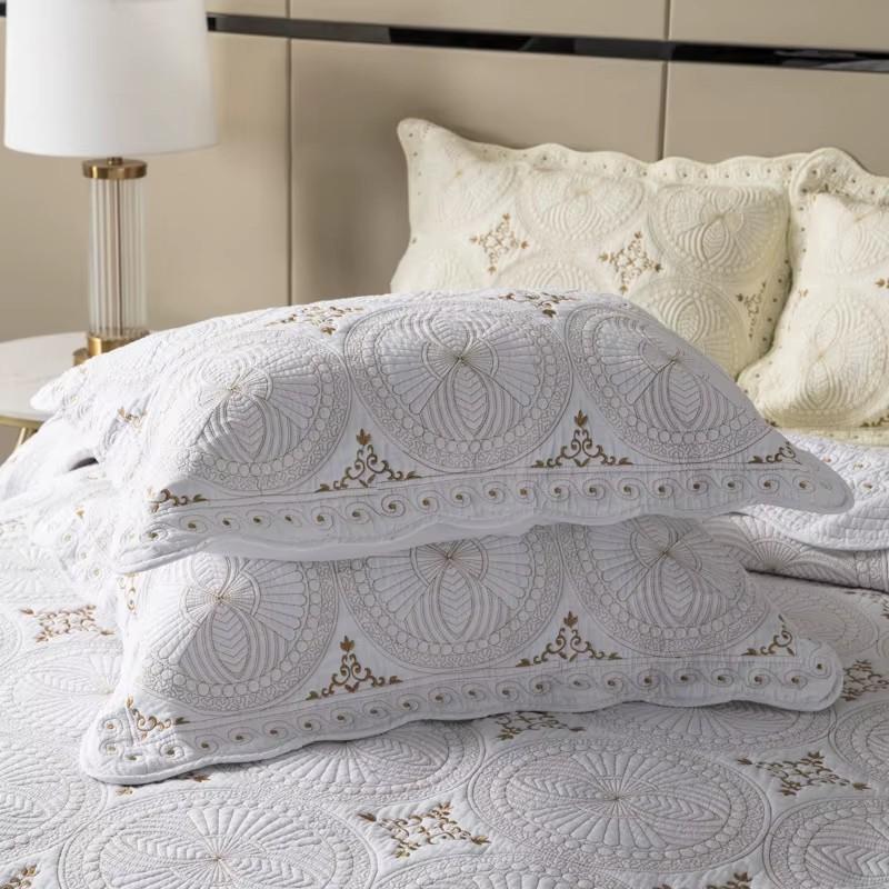 Embroidered Cotton Quilt Set 3PCS - King/Queen Size Solid Color Coverlet Lightweight Summer Bedspread Breathable Blanket for Bed