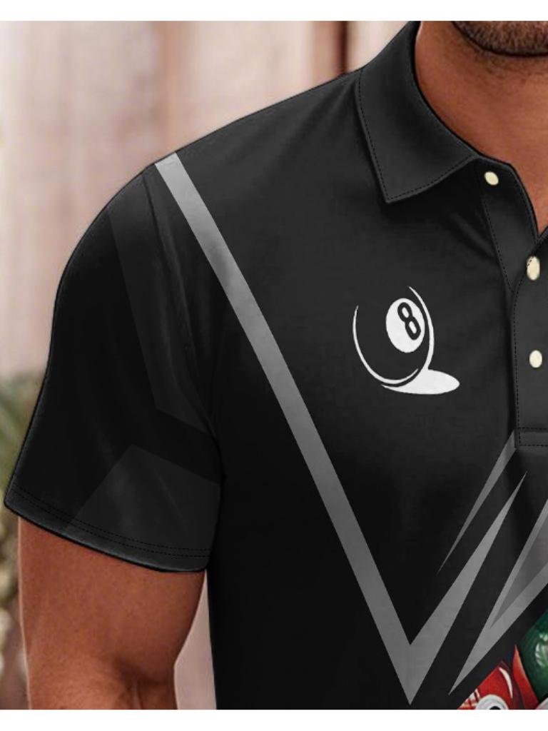 Men'S Billiard Pattern Print Short-Sleeve Polo Shirt, Casual Lightweight Breathable Top