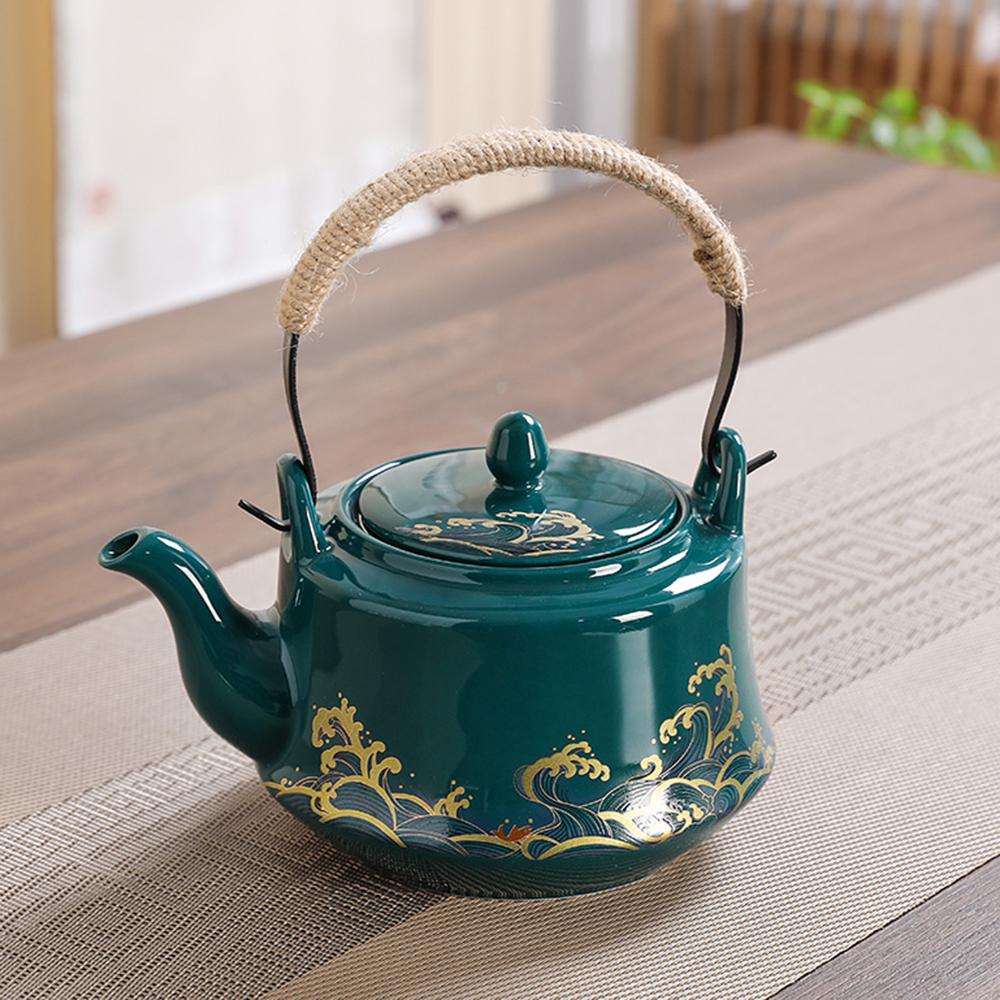 Blue Ceramic Teapot, Large capacity cooling water kettle, Brewing tea pot with tea strainer, Restaurant handle style tea kettle