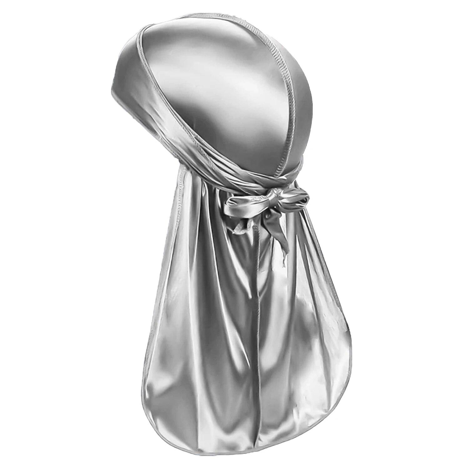 

Men s Simulation Silk Solid Color Silk Satin Long Tail Braid Street Personality Comfortable Pirate Hat Elastic Headscarf One Size сірий колір