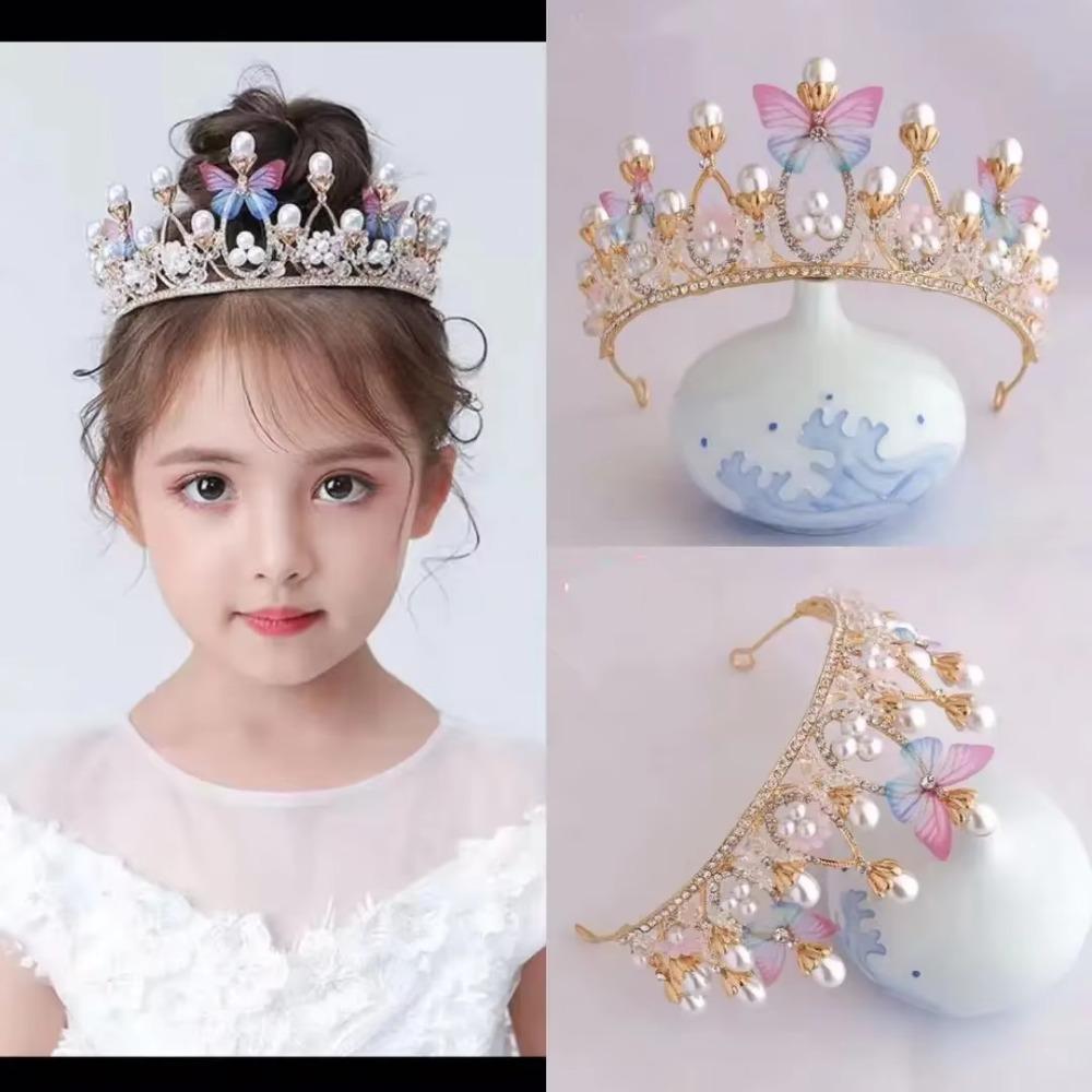 Pearl Crystal Princess Handmade Rhinestone Tiaras Crown for Girl Birthday Wedding Party Catwalk Queen Diadems Butterfly Decor
