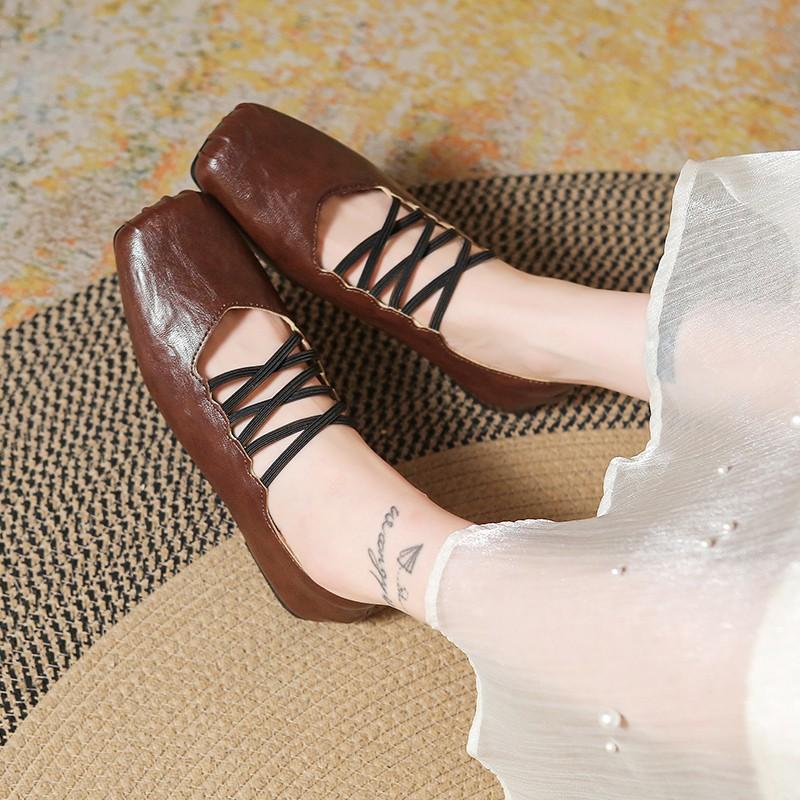 Fashion Aphixta Square Toe Black Flats Shoes Slip On Elastic Bands Cross Straps Womens Shoes Elegant Flat with Ladies Shoes