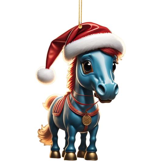 Horse Christmas Ornament Cartoon 2D Flat Horse Hanging Ornament with Santa Hat And Christmas Balls Acrylic Car Rear View Mirror Charm