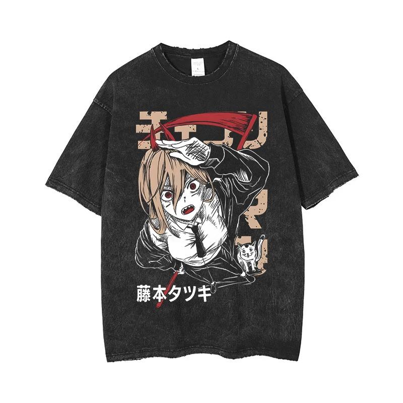 Anime Chainsaw  Man  Acid T shirt  Retro Vintage Washed Printed Graphic T Shirt Women Harajuku Cotton Short Sleeve Tshirt