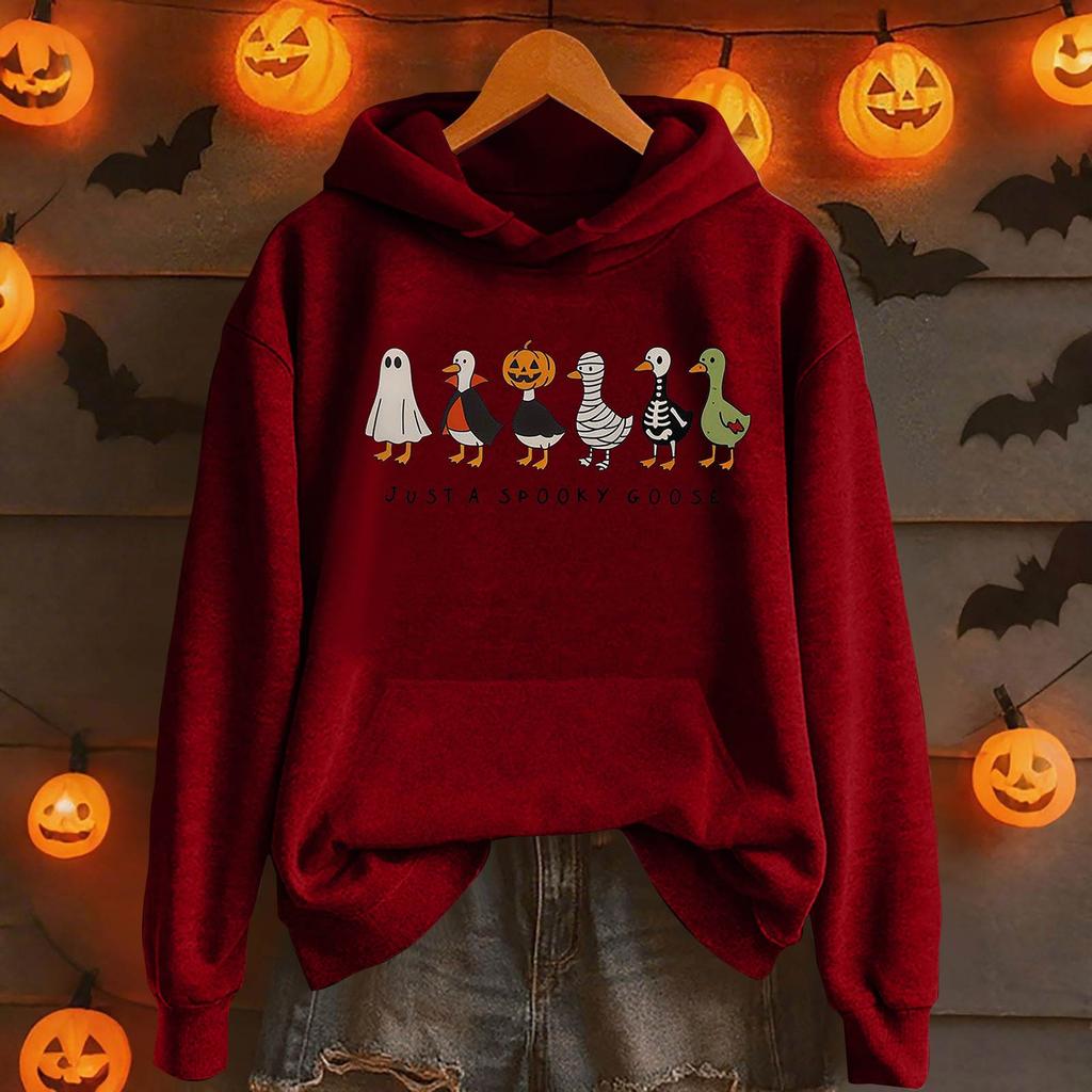 Damemote Casual Langermet trykt Rundhals hettegenser Pullover Topp med lommer